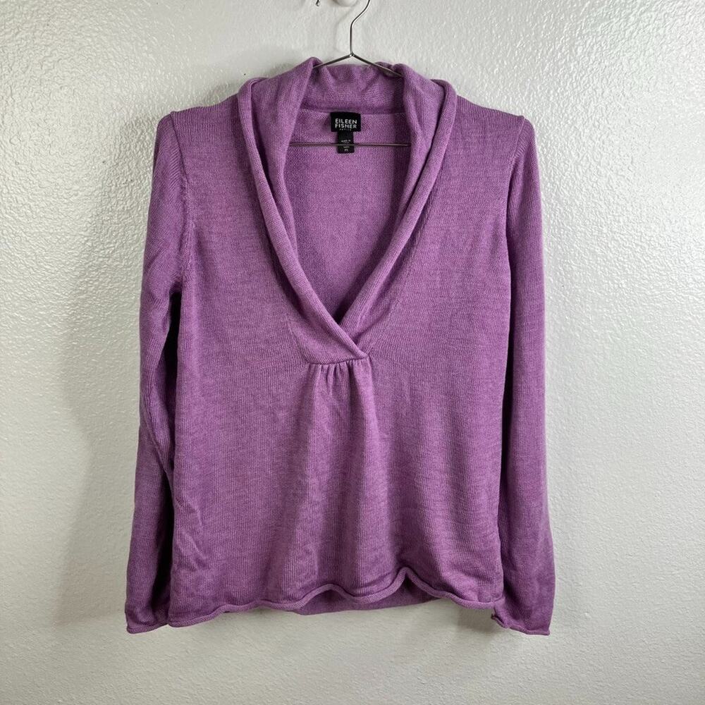 Eileen Fisher Merino Wool Shawl Neck Sweater Size PS Purple Italian Yarn Classic